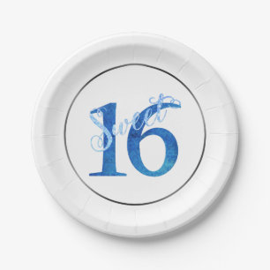 16. Geburtstag   Blue Watercolor und Imitats Glitz Pappteller