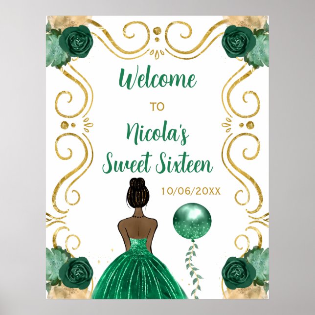 16 . Geburtstag Dark Skin Princess Green Willkomme Poster (Vorne)