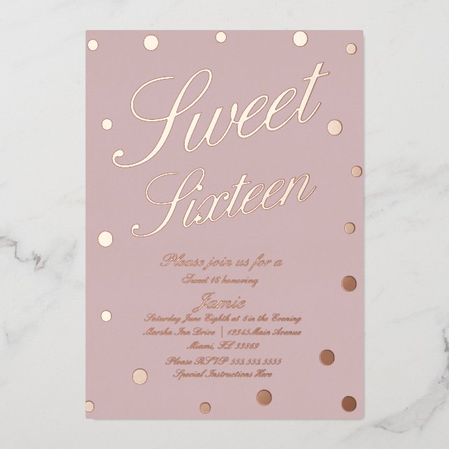 16 . Geburtstag Dots Blush Gold gepresst Folieneinladung (Vorderseite)