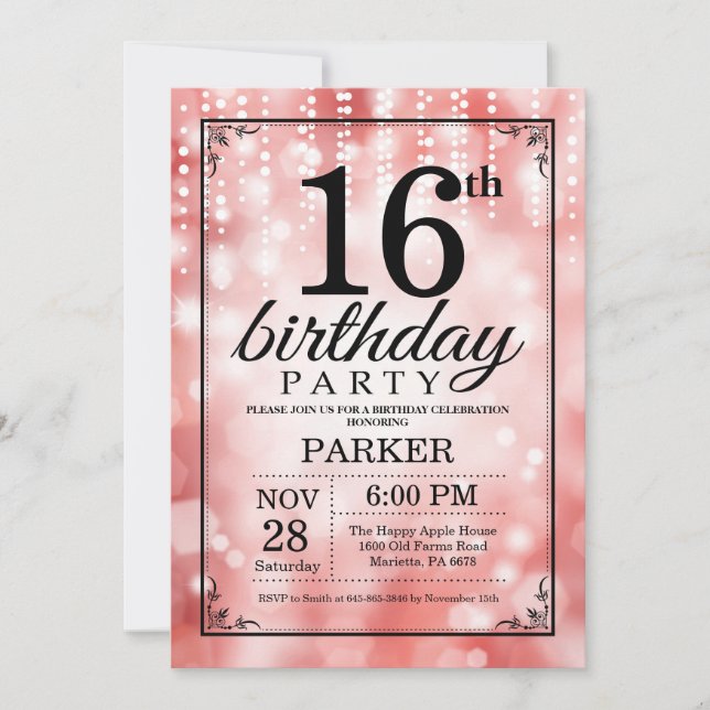 16. Geburtstag Einladung Roter Glitzer (Vorderseite)