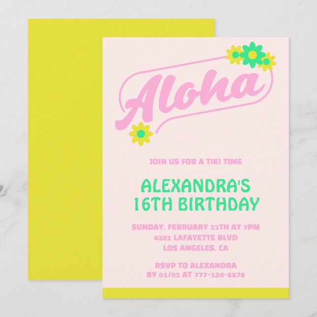 16. Geburtstag Einladungen Tropical Aloha Pink (Vorne/Hinten)