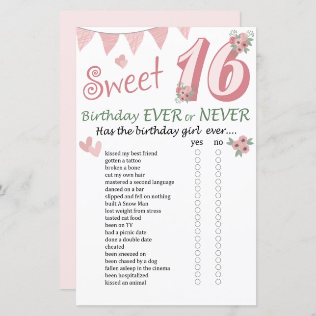 16. Geburtstag Ever oder Nie Game (Vorne/Hinten)