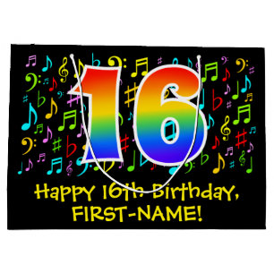 16. Geburtstag - Farbige Musiksymbole, Regenbogen  Große Geschenktüte