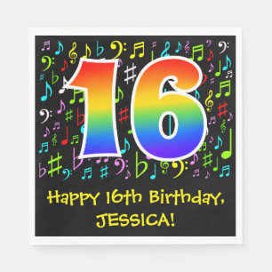 16. Geburtstag - Farbige Musiksymbole, Regenbogen  Serviette