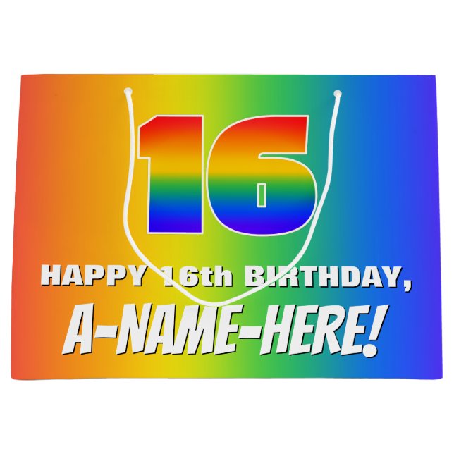 16. Geburtstag: Farbiges, lustiges Regenbogenmuste Große Geschenktüte (Vorderseite)