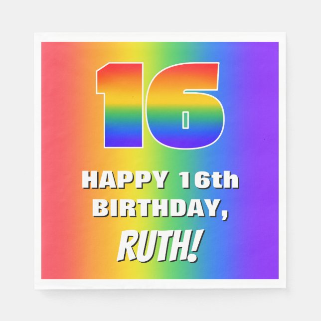 16. Geburtstag: Farbiges, lustiges Regenbogenmuste Serviette (Vorderseite)