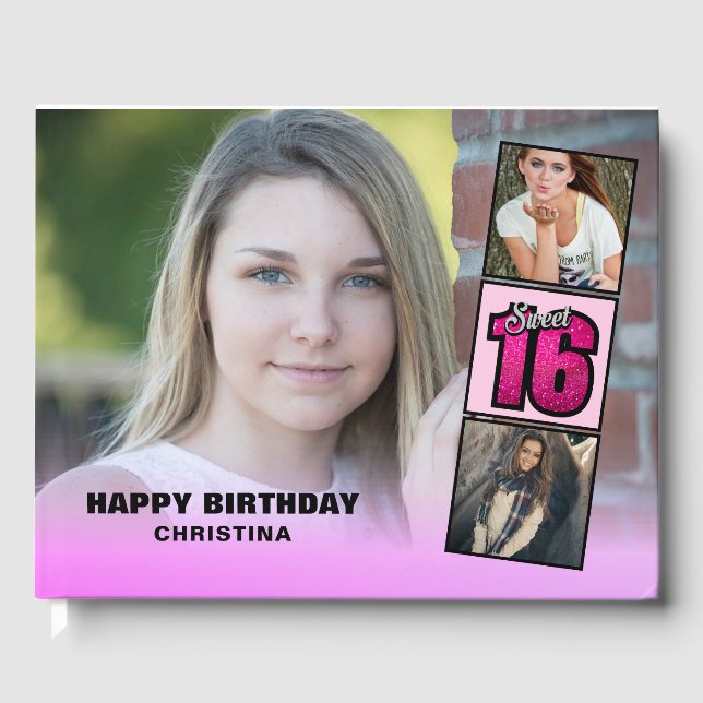 16 . Geburtstag Foto Collage Hot Pink Glitzer Gästebuch (Vorderseite)