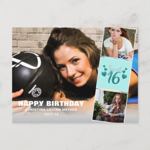 16 . Geburtstag Foto Collage Türkis Glitzer Postkarte