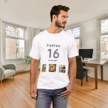 16. Geburtstag, Foto Monogramm T-Shirt<br><div class="desc">Für einen 16. Geburtstag als Geschenk oder für das Party. Eine Collage von 3 Fotos von Freunden, Familie, Interesse oder Haustieren. Personalisieren und fügen Sie seinen Namen, Alter 16 und ein Datum. Geburtsdatum oder Geburtsdatum der Geburtstagsparty. Grauer und schwarzer Text.</div>