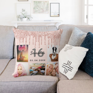 16. Geburtstag Foto Rose Gold Glitzer rot Rosa Kissen