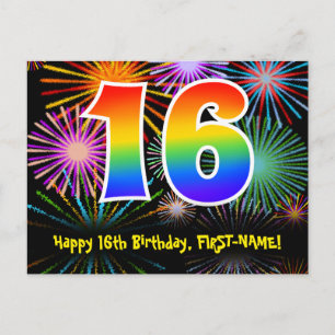 16. Geburtstag - Fun Fireworks Pattern + Regenboge Postkarte