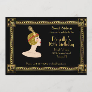 16 . Geburtstag Geburtstag, Gatsby-Stil, Schwarz & Einladung