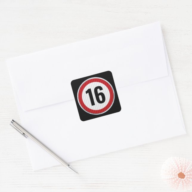 16. Geburtstag Geschwindigkeitsbegrenzung  Quadratischer Aufkleber (Umschlag)
