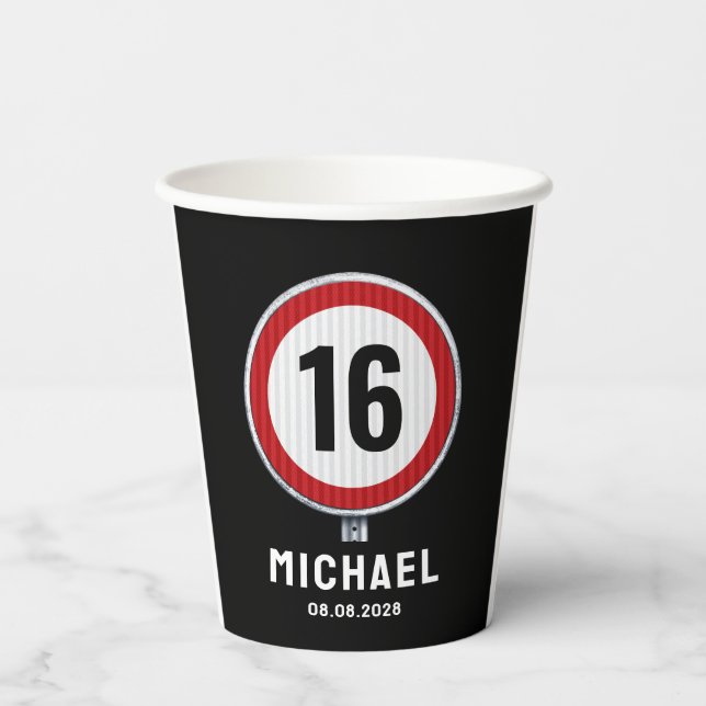 16. Geburtstag Geschwindigkeitsbegrenzungsschild - Pappbecher (Rückseite)