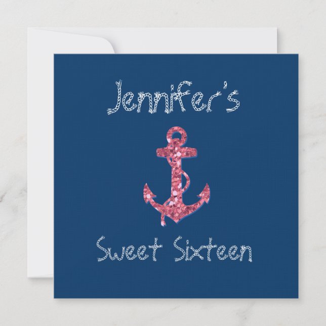 16 . Geburtstag Girly, Nautical Pink Glitzer Ancho Einladung (Vorderseite)