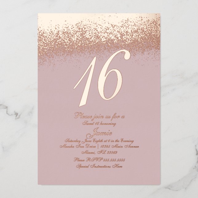 16 . Geburtstag Gold Pressen Glitzer Blush Foil Folieneinladung (Vorderseite)