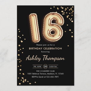 16. Geburtstag - Goldballons Schwarz Einladung