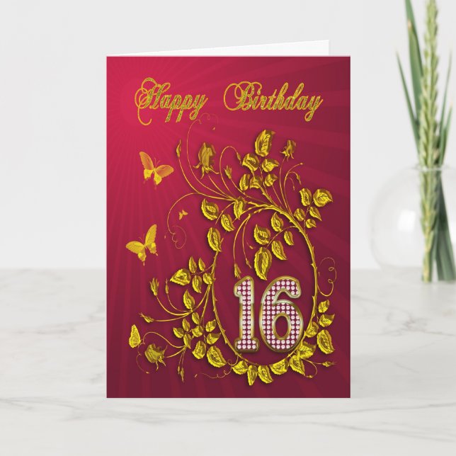 16. Geburtstag goldene Schmetterlinge Karte (Vorderseite)
