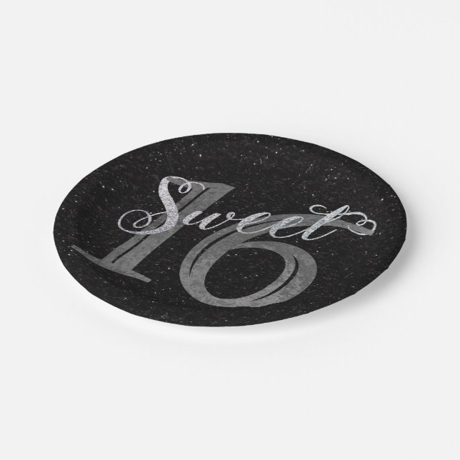 16. Geburtstag | Grau Grunge und Imitats Silver Gl Pappteller (Schrägansicht)