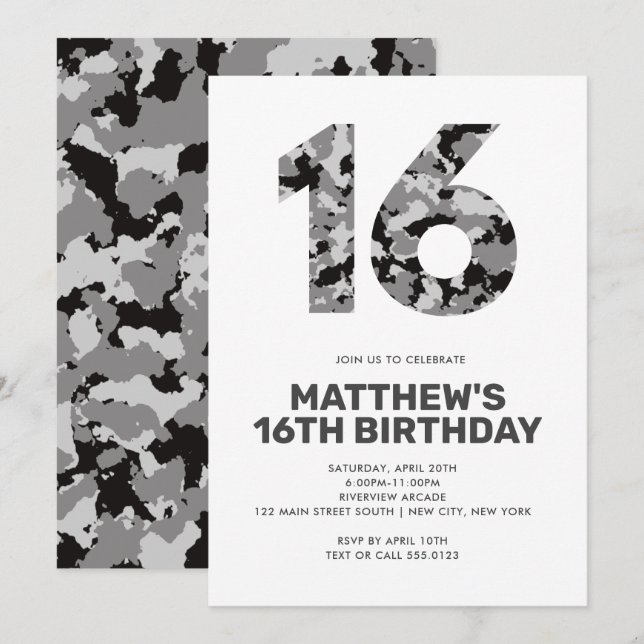 16. Geburtstag, Grauer Camouflage Personalisierter Einladung (Vorne/Hinten)