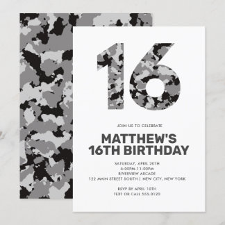 16. Geburtstag, Grauer Camouflage Personalisierter Einladung