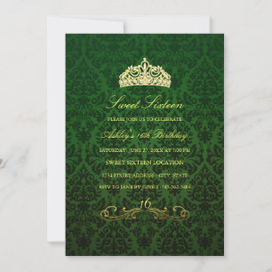 16. Geburtstag   Green Tiara & Damask Einladung