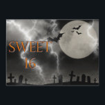 16 . Geburtstag Halloween Party Einladung<br><div class="desc">Beängstigende 16 . Geburtstag Geburtstagsparty Einladung. Halloween Thema mit schwarzen Fledermäusen und Vollmond über einem dunklen und gruseligen Friedhof. Die Schrift ist eine metallische Orange mit einem Glüheffekt. Schriftart auf der Rückseite kann auf Ihre Bedürfnisse angepasst werden.</div>