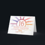 16. Geburtstag - handgezeichneter mehrfarbiger Son Karte<br><div class="desc">16. Geburtstagskarte. Alter 16, mehrfarbiger Radialsonnenbrand und kleine Blume - hell, handgezeichnet, in Fotoshop farbig. Anpassbarer Text: auf der Vorderseite der Karte: Happy Birthday und Name. Individueller Text: Insider-Karte: Herzlichen Glückwunsch zum 16. Geburtstag. Sie können den Text nach Belieben bearbeiten oder löschen, indem Sie auf "Diese Vorlage personalisieren" klicken. Weitere...</div>