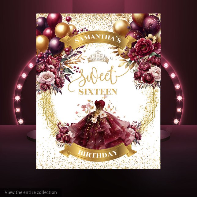 16 . Geburtstag Hintergrund Burgundy Balloons Gold Wandteppich (Sweet Sixteen Backdrop Burgundy Balloons Gold Sparkle)