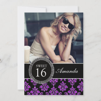 16 . GEBURTSTAG, LILA GLITZER, BLACK DAMASK EINLADUNG