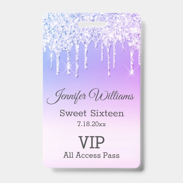 16 . Geburtstag lila tropfende Glitzer Vip Pass Ausweis (Front)