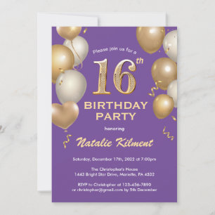 16. Geburtstag Lila und Gold Glitzer Ballons Einladung