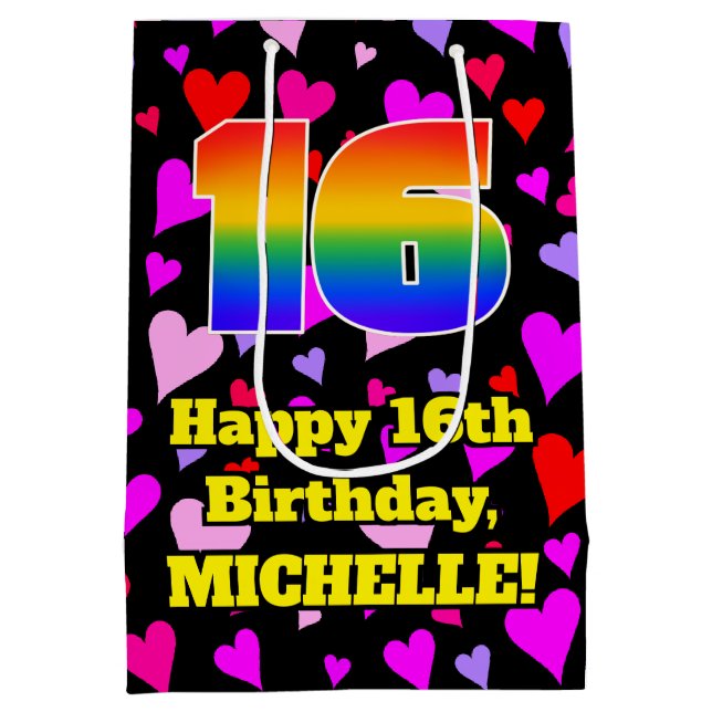 16. Geburtstag: Loving Hearts Pattern, Regenbogen  Mittlere Geschenktüte (Rückseite)