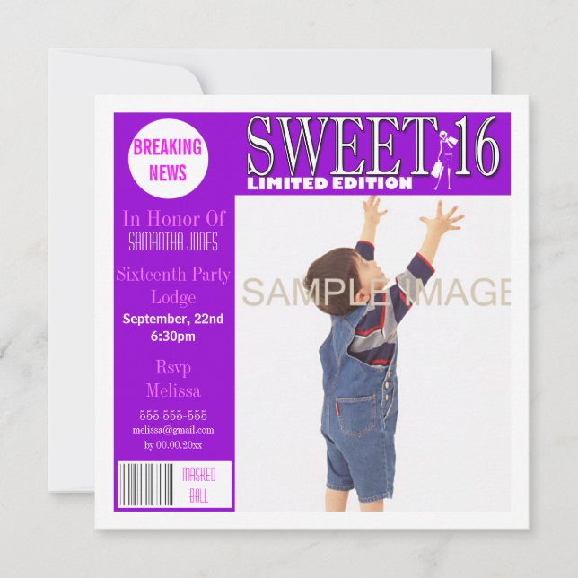 16 . Geburtstag Magazin Art PERSONALIZE Einladung (Vorderseite)