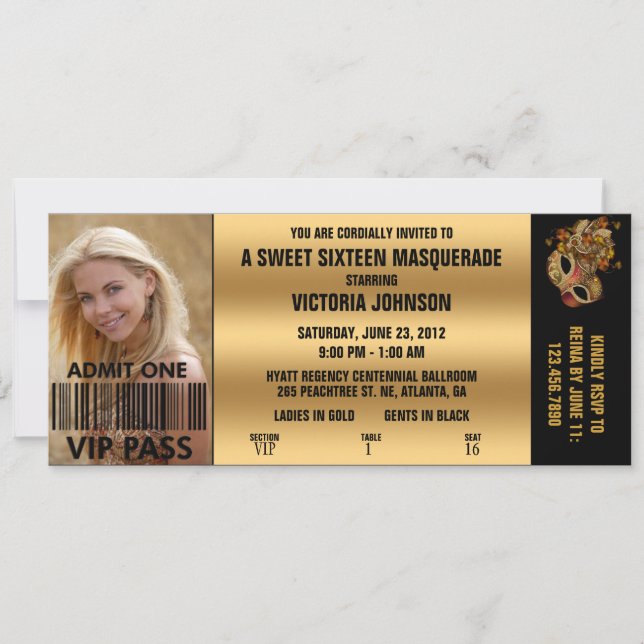 16 . Geburtstag Masquerade VIP Eintrittskarte Einladung (Vorderseite)