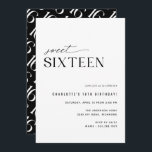 16 . Geburtstag Modern Black and White 16. Geburts Einladung<br><div class="desc">Moderne minimalistische Einladungen zum 16. Geburtstag mit einem Off-Center Design. Schwarz-Weiß-Farbschema mit lustigen Mustern auf der Rückseite. (Das umgekehrte Seitenmuster kann auf Wunsch mithilfe des Entwurfstools entfernt werden.)</div>