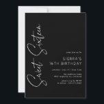 16 . Geburtstag | Moderner Minimal Schwarz 16. Geb Einladung<br><div class="desc">Schlichte und moderne,  süße 16 Einladungen mit einem handgeschriebenen Script-Schriftart. Typbasiertes Design mit weißem Text auf schwarzem Hintergrund.</div>