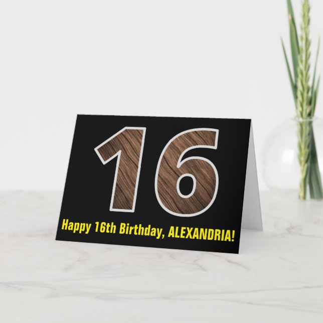 16. Geburtstag: Name + Imitate Holzkörnchen Muster Karte (Vorderseite)