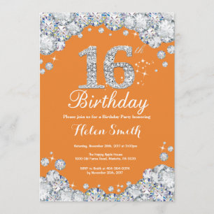 16. Geburtstag Orange und Silver Diamond Einladung