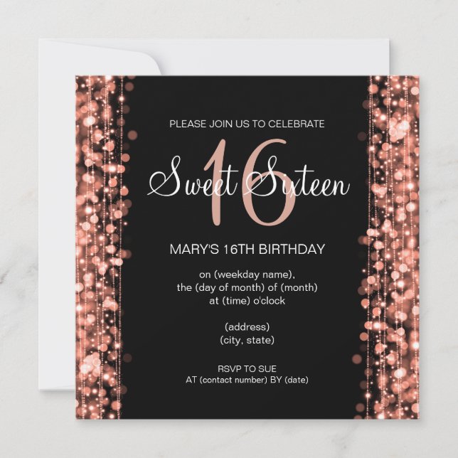 16. Geburtstag-Party-Glitzern-Rosen-Goldschwarzes Einladung (Vorderseite)
