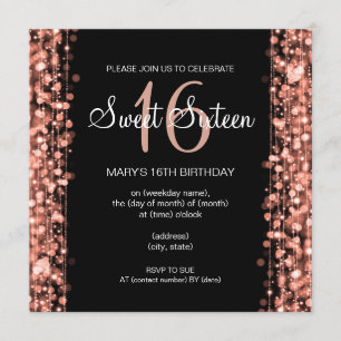 16. Geburtstag-Party-Glitzern-Rosen-Goldschwarzes Einladung