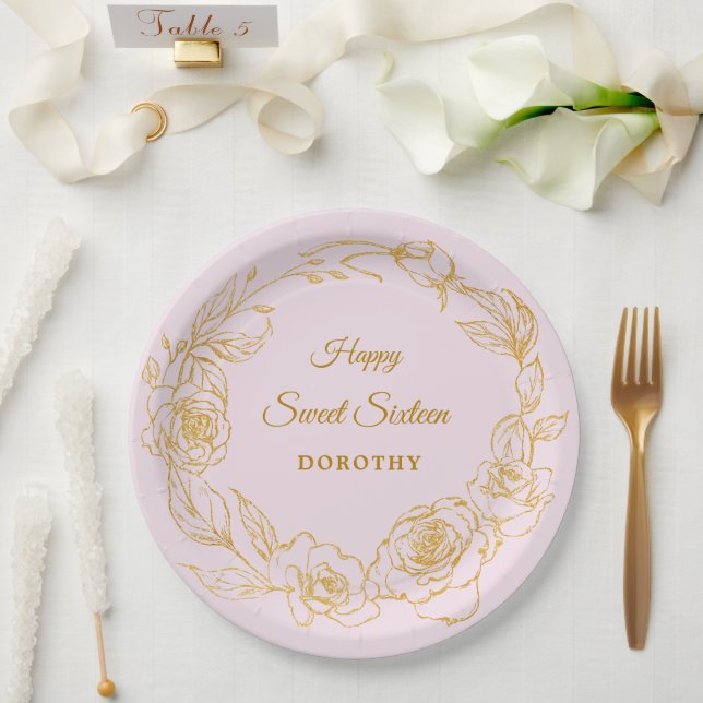16 . Geburtstag Party Luxe Gold Rose Blumenrosa Pappteller (Hochzeit)