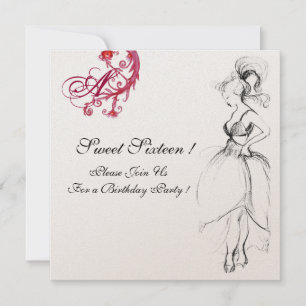 16 . GEBURTSTAG PARTY MONOGRAM, Rot, Schwarz und G Einladung