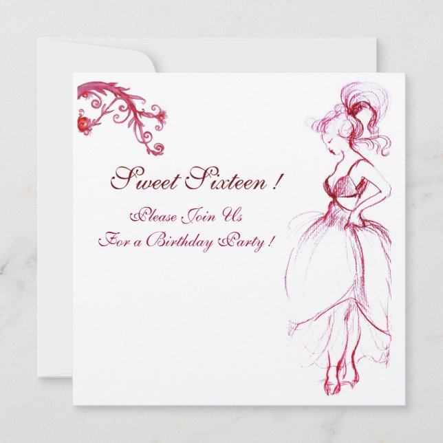 16 GEBURTSTAG PARTY MONOGRAM Roter Rosa Wirbel Einladung (Vorderseite)