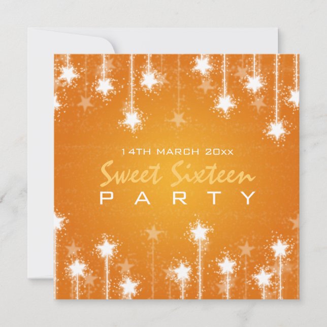 16 . Geburtstag Party Schimmernd Sterne Orange Einladung (Vorderseite)