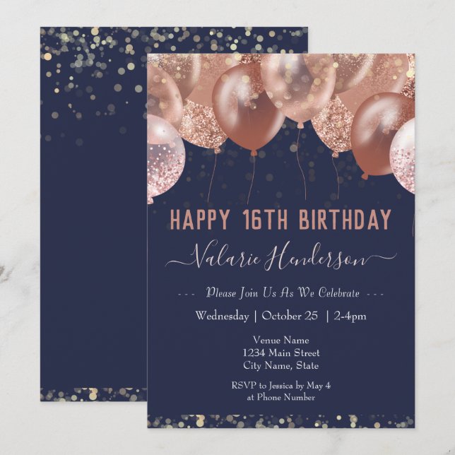 16. Geburtstag Pink Balloons Einladung (Vorne/Hinten)