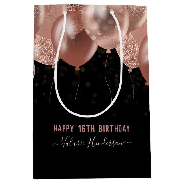 16. Geburtstag Pink Balloons Mittlere Geschenktüte (Vorderseite)