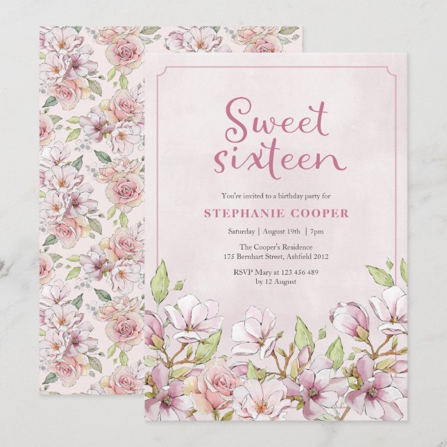 16 . Geburtstag Pink Floral Einladung (Vorne/Hinten)