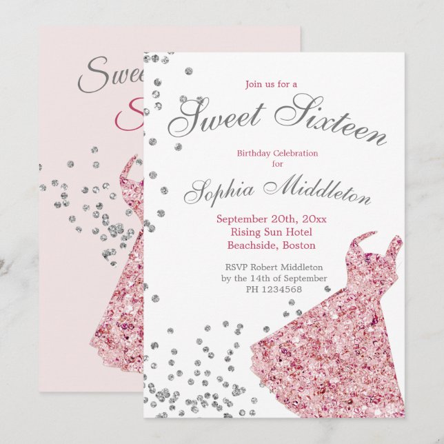 16 . Geburtstag Pink Sparkle Elegante Einladung (Vorne/Hinten)