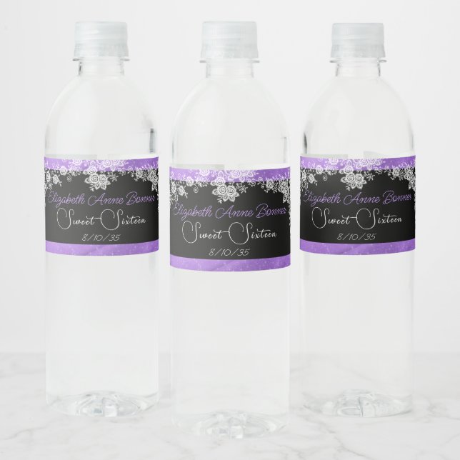 16 . Geburtstag Pink White Lace Black Water Label (Flaschen)